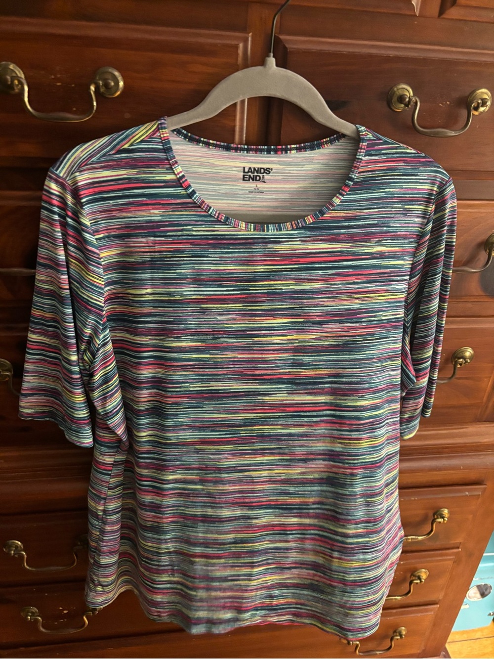Lands' End Women's Striped UV Blocking Tee in Blue, Pink, Green